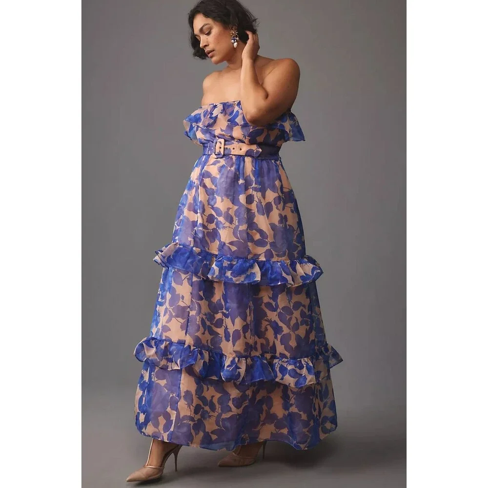 Anthropologie Strapless Tiered Maxi Dress Blue Floral 3X NO BELT, NEW - Picture 2 of 3